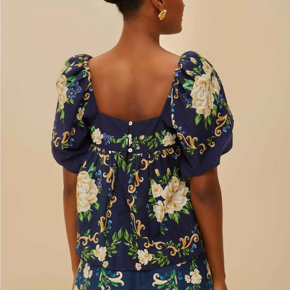 FARM Rio Navy Floral Puff-Sleeve Square-Neck Blouse - size Medium - NWT - Picture 3 of 4